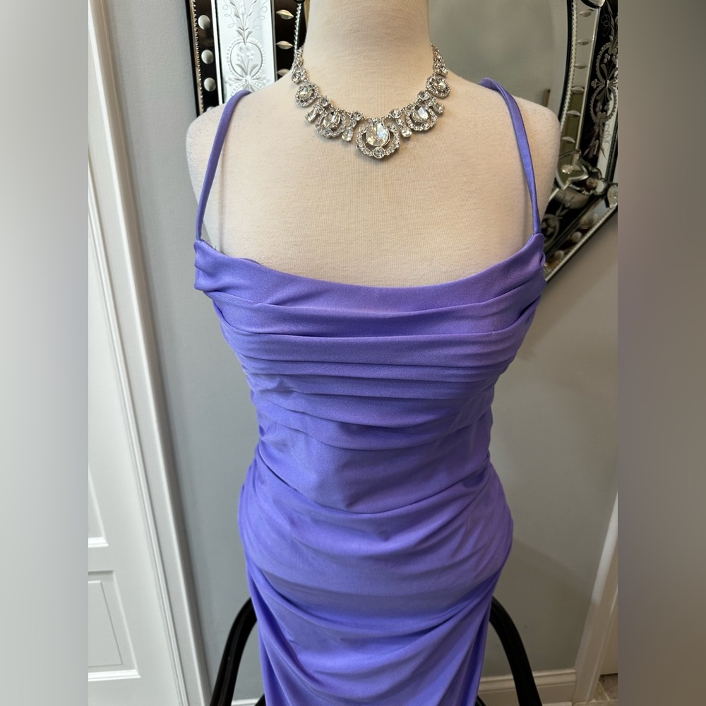 NWOT La Femme Gala Prom Cocktail Wedding Purple Tight Sexy Back Goddess - Picture 6 of 17